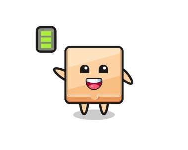 Pizza kutusu maskotu, enerjik bir jest, şirin bir tasarım.