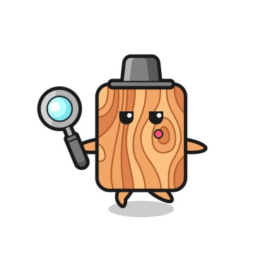 Tahta ahşap çizgi film karakteri büyüteçle arıyor, şirin bir tasarım.