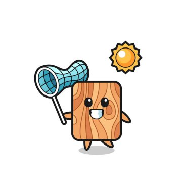 Tahta ahşap maskot çizimi kelebeği yakalıyor, şirin tasarım.