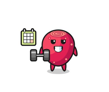 Armut dikenli maskot çizgi filmi halterle spor yapıyor, şirin tasarım.