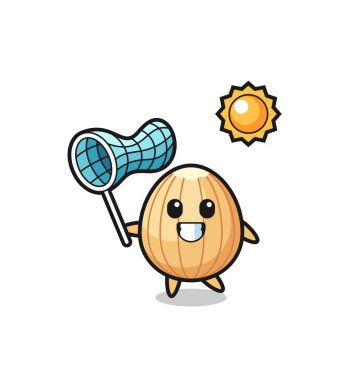 Badem maskotu illüstrasyonu kelebeği yakalıyor, şirin tasarım.