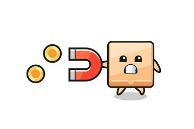 Pizza kutusu karakteri altın sikkeleri yakalamak için bir mıknatıs tutar, şirin tasarım.