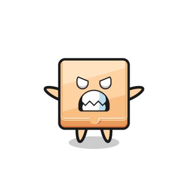 Pizza kutusu maskotu karakterinin öfkeli ifadesi, şirin tasarım.
