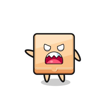 Tatlı pizza kutusu karikatürü, çok kızgın bir poz, şirin bir tasarım.