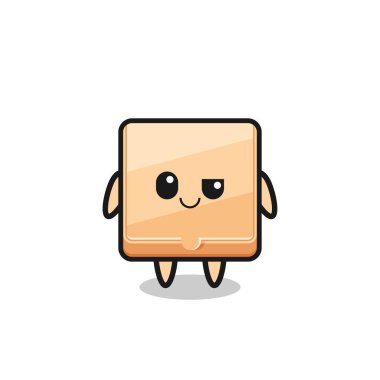 Küstah bir ifadeyle pizza kutusu çizgi filmi, şirin bir tasarım.