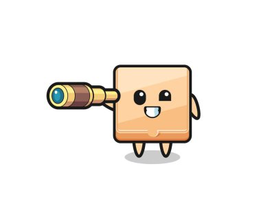 Şirin pizza kutusu karakteri elinde eski bir teleskop tutuyor, şirin bir tasarım.