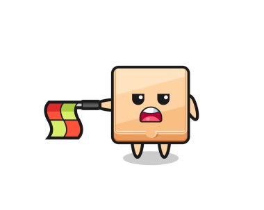 Pizza kutusu karakteri çizgi hakemi olarak bayrağı düz tut, şirin tasarım.