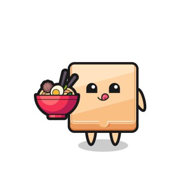 Tatlı pizza kutusu karakteri erişte yiyor, şirin tasarım.