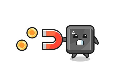 Klavye tuşu karakteri altın sikkeleri yakalamak için bir mıknatıs tutar, şirin tasarım