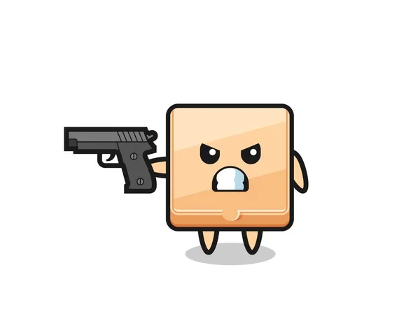 Lindo Personaje Caja Pizza Disparar Con Una Pistola Lindo Diseño — Vector de stock