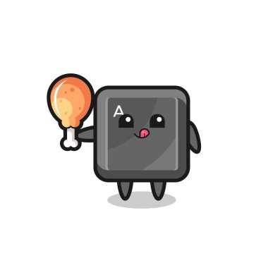 Klavye düğmesi şirin maskot kızarmış tavuk yiyor, şirin tasarım.