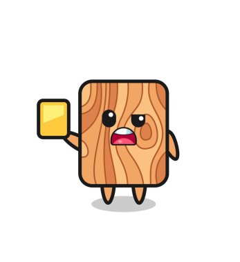 Futbol hakemi olarak ahşap bir çizgi film karakteri sarı kart veriyor, şirin bir tasarım.