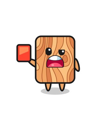 Tahta maskot hakem olarak kırmızı kart veriyor, şirin tasarım.