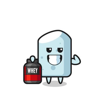 Kas tebeşiri karakteri bir protein takviyesi tutuyor, şirin bir tasarım.