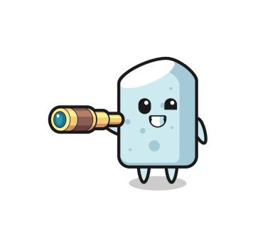 Sevimli tebeşir karakteri eski bir teleskop tutuyor, şirin bir tasarım.