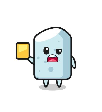 Bir futbol hakemi olarak çizgi film karakteri sarı kart veriyor, şirin bir tasarım.