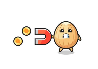 Badem karakteri altın sikkeleri yakalamak için bir mıknatıs tutuyor, şirin tasarım.