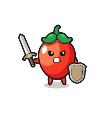 Şirin kırmızı biberli asker kılıçla ve kılıçla savaşıyor.