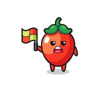 Kırmızı biber karakteri çizgi hakemi olarak bayrağı asıyor, şirin tasarım.