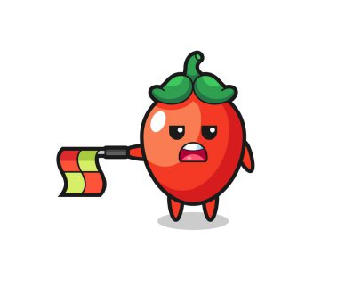 Şili biberi karakteri çizgi hakemi olarak bayrağı yatay olarak düz tut, şirin tasarım.