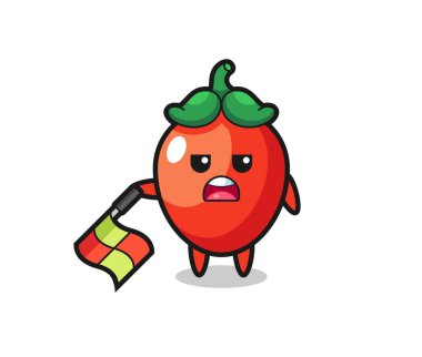 Kırmızı biber karakteri çizgi hakemi olarak bayrağı 45 derecelik açıyla tutun, şirin tasarım.