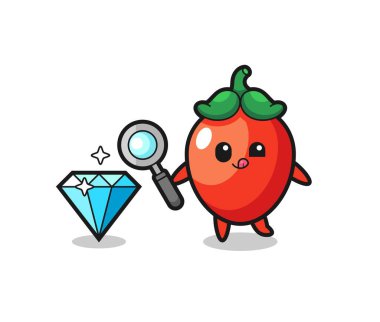 Kırmızı biber maskotu elmasın orijinalliğini kontrol ediyor, şirin tasarım.