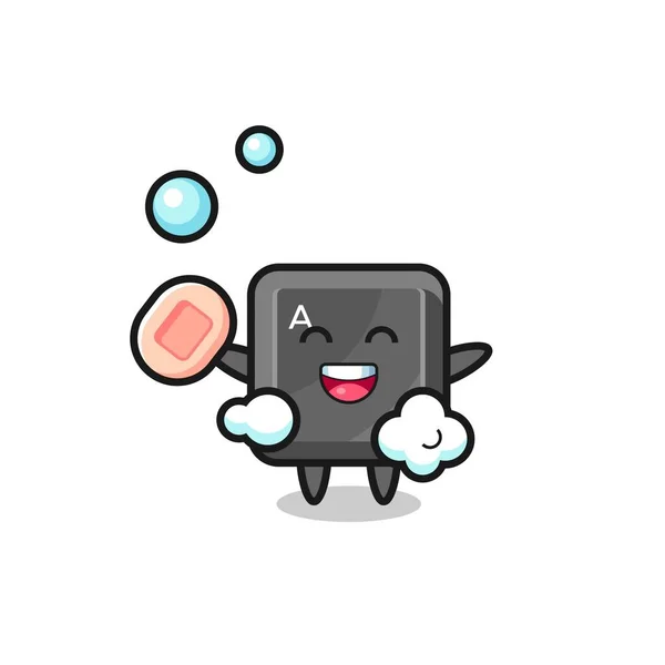 キーボードボタンキャラクターは石鹸を持ちながら入浴中でかわいいデザイン — ストックベクタ