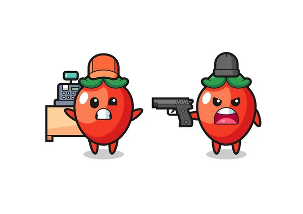 Illust Cute Chili Pepper Cashier Pointed Gun Robber Lindo Diseño — Archivo Imágenes Vectoriales