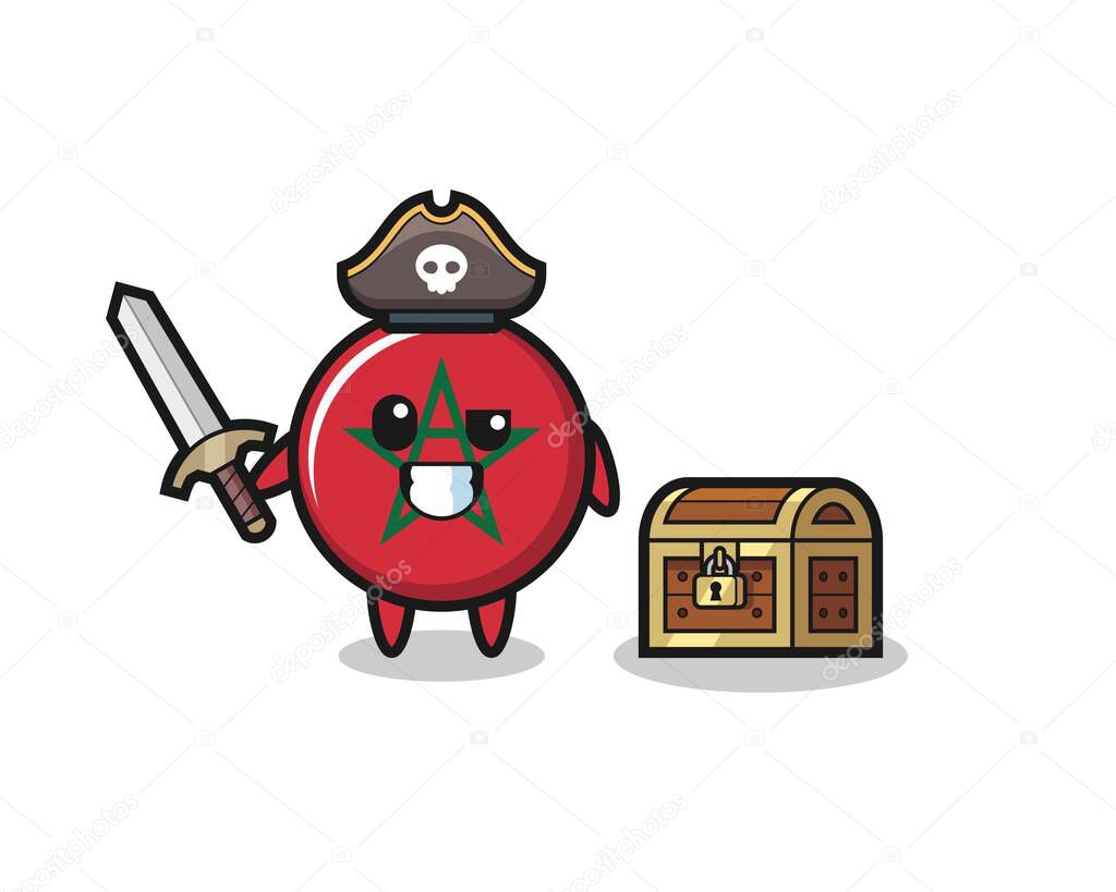 the morocco flag pirate character holding sword beside a treasure box , cute design