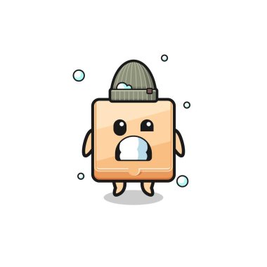 Şirin çizgi film pizza kutusu, titreyen yüz ifadesi, şirin tasarım.