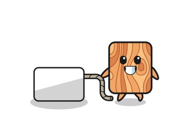 Ahşap karikatür bir afiş çekiyor, şirin bir tasarım.