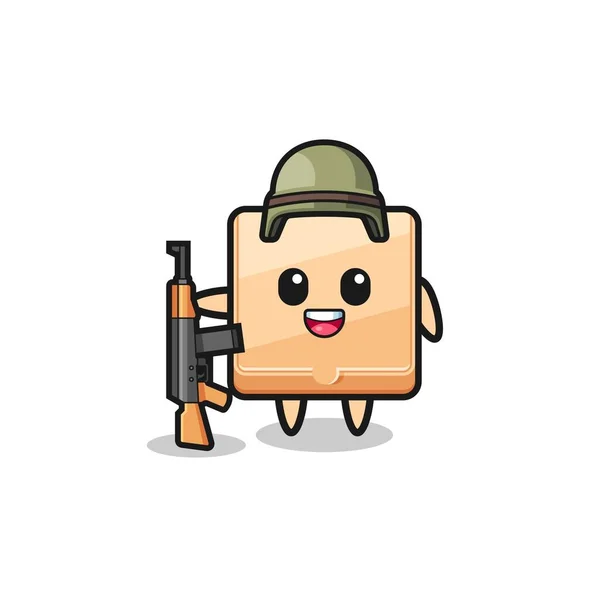 Mascota Linda Caja Pizza Como Soldado Lindo Diseño — Vector de stock