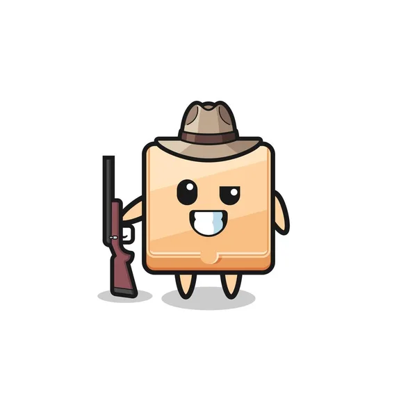 Pizza Box Hunter Mascot Holding Gun Cute Design — Stock Vector