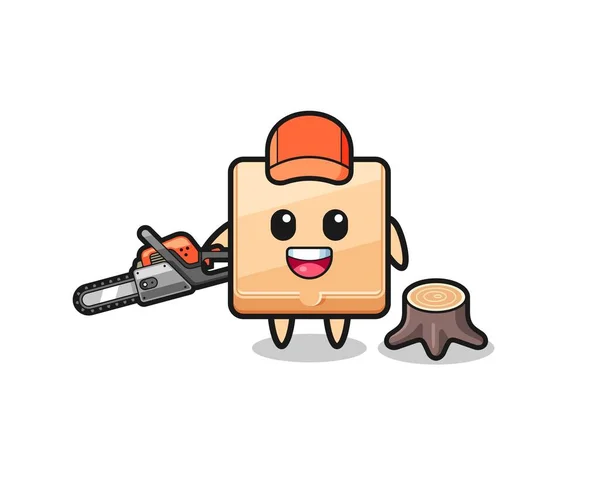 Pizza Box Lumberjack Character Holding Chainsaw Cute Design — Stock Vector