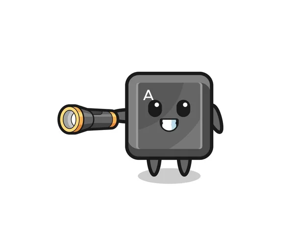 Keyboard Button Mascot Holding Flashlight Cute Design — Stock Vector