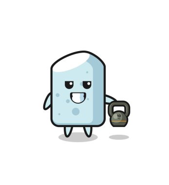 Tebeşir maskotu salonda kettlebell kaldırıyor, şirin bir tasarım.