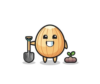 Şirin badem karikatürü ağaç tohumu ekiyor, şirin tasarım.