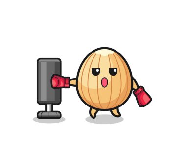 Badem boksör çizgi filmi. Kum torbasıyla antrenman yapıyor. Sevimli tasarım.