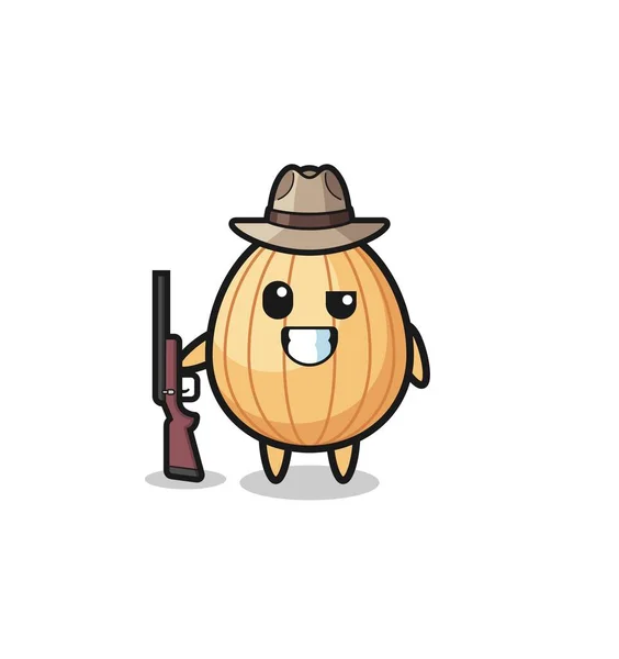 Almond Hunter Mascot Holding Gun Cute Design — Stock Vector