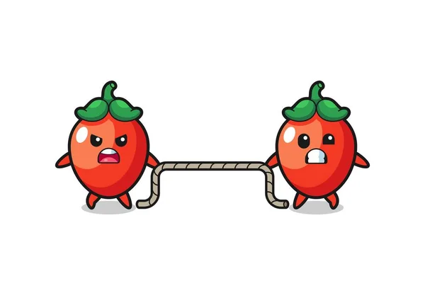 Cute Chili Pepper Character Playing Tug War Game Cute Design — Stock Vector