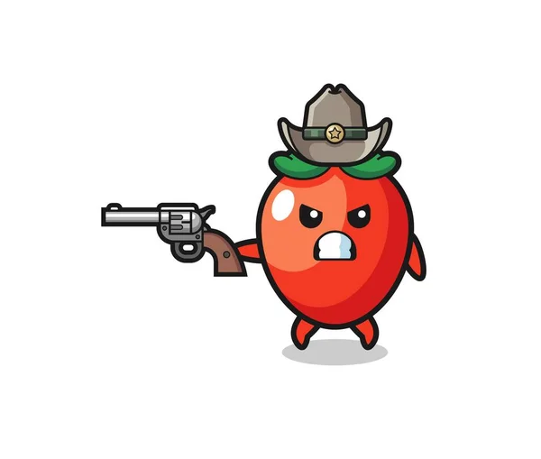 Der Chili Pepper Cowboy Beim Schießen Mit Der Waffe Niedliches — Stockvektor