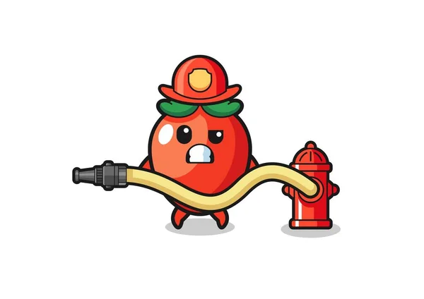 Chili Pepper Cartoon Firefighter Mascot Water Hose Cute Design — Stock Vector