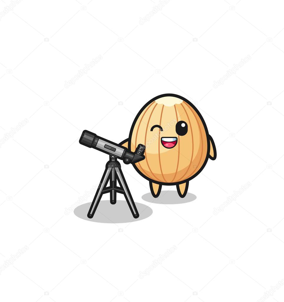 almond astronomer mascot with a modern telescope , cute design