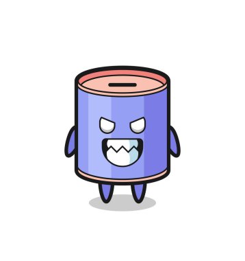 Silindir domuz kumbarasının şeytani ifadesi sevimli maskot karakteri, şirin tasarım