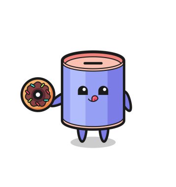 Bir silindir domuz kumbarası karakteri çörek yiyor, şirin bir tasarım.