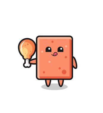 Tuğla maskotu kızarmış tavuk yiyor, şirin tasarım.