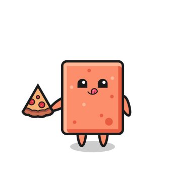 Tatlı tuğla çizgi film pizza yiyor, şirin tasarım.