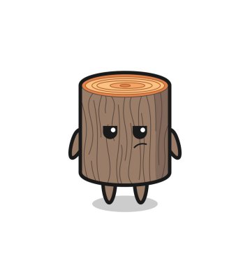 Şüpheli ifadeli sevimli ağaç kütüğü karakteri, şirin tasarım.