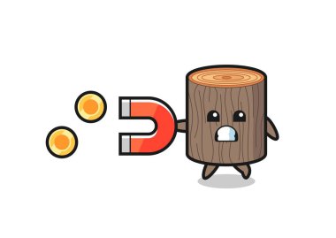 Ağaç kütüğünün karakteri altın sikkeleri yakalamak için bir mıknatıs tutar, şirin tasarım.