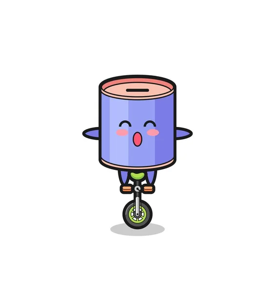 귀여운 실린더 저금통 캐릭터는 서커스 자전거를 있습니다 귀여운 디자인이죠 — 스톡 벡터